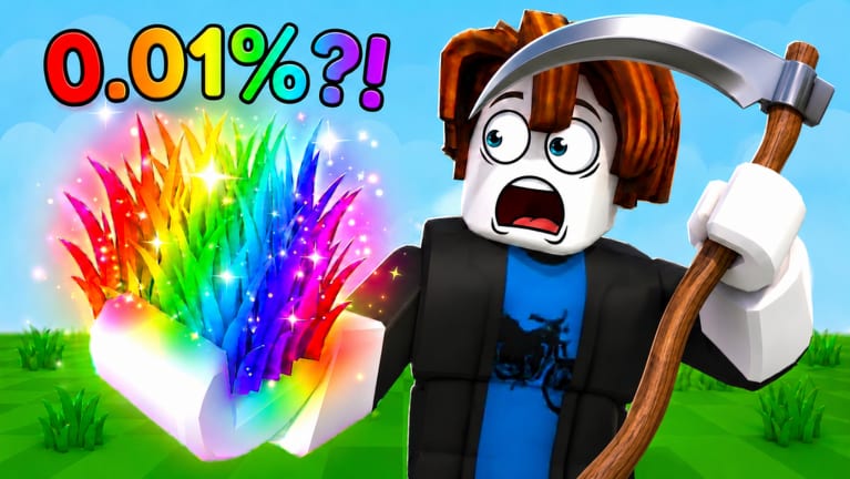 Roblox avatar in My Grass Farm holding a glowing rainbow grass clump and a scythe