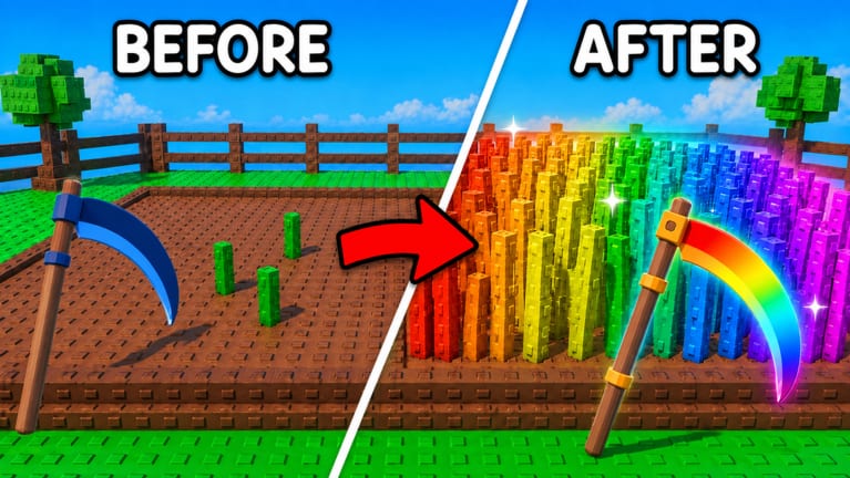 Before and after of a My Grass Farm plot, from sparse green shoots to a rainbow grass field